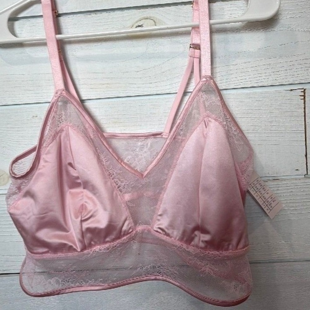 Auden Pink Lace Trim Bralette Women XL NWT Satin Mesh V-Neck - Picture 2 of 3